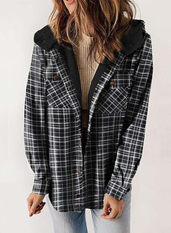 Women's Autumn/Winter Plaid Jacket Long Sleeve Buckle  Hooded Jacket Warm Coat