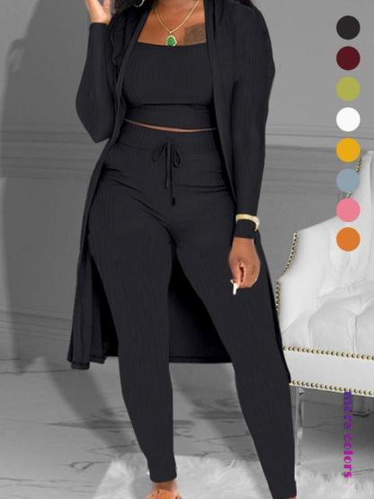 Women's Plain Long Sleeve Open Front Cardigan & Tie Front Leggings & Sleeveless Cropped Top Set