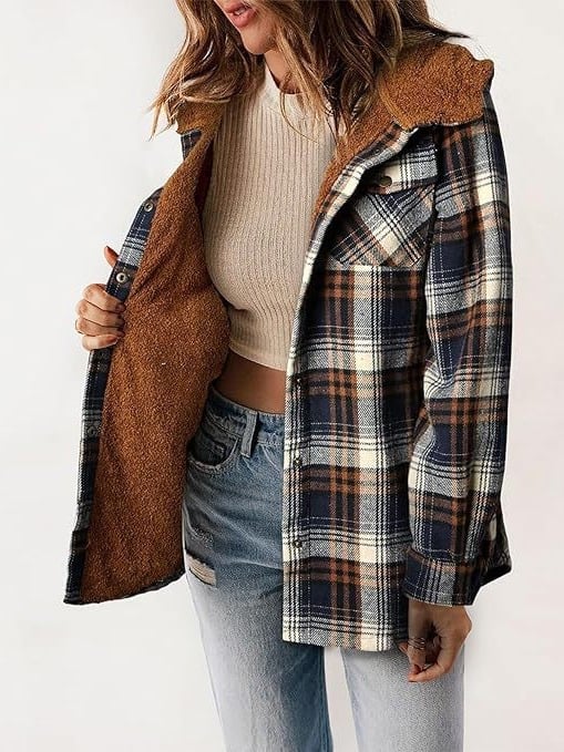 Women's Autumn/Winter Plaid Jacket Long Sleeve Buckle  Hooded Jacket Warm Coat