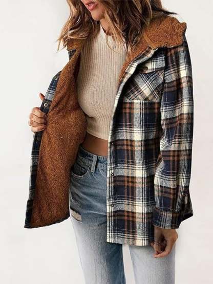 Women's Autumn/Winter Plaid Jacket Long Sleeve Buckle  Hooded Jacket Warm Coat