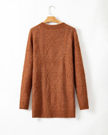 Round Neck Long Sleeve Drop Shoulder Pullover Sweater Casual Loose Fit Cable Knit Mid-length Sweater