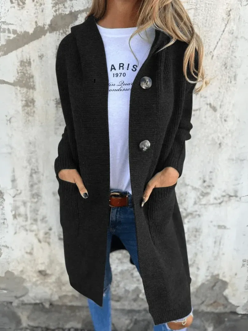 🔥Women's Autumn and Winter Hooded Knitted Jacket with Pockets and Buttons