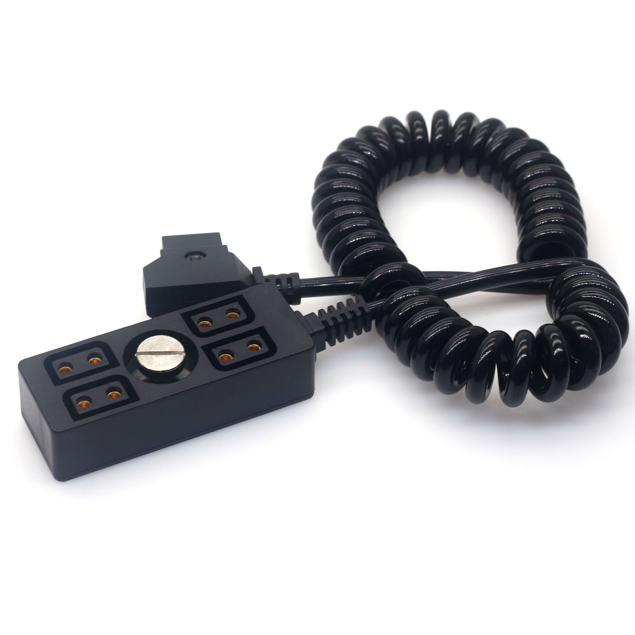 D-tap to 4 Port D-tap Female Power Splitter Coiled Cable With 1/4" Screw