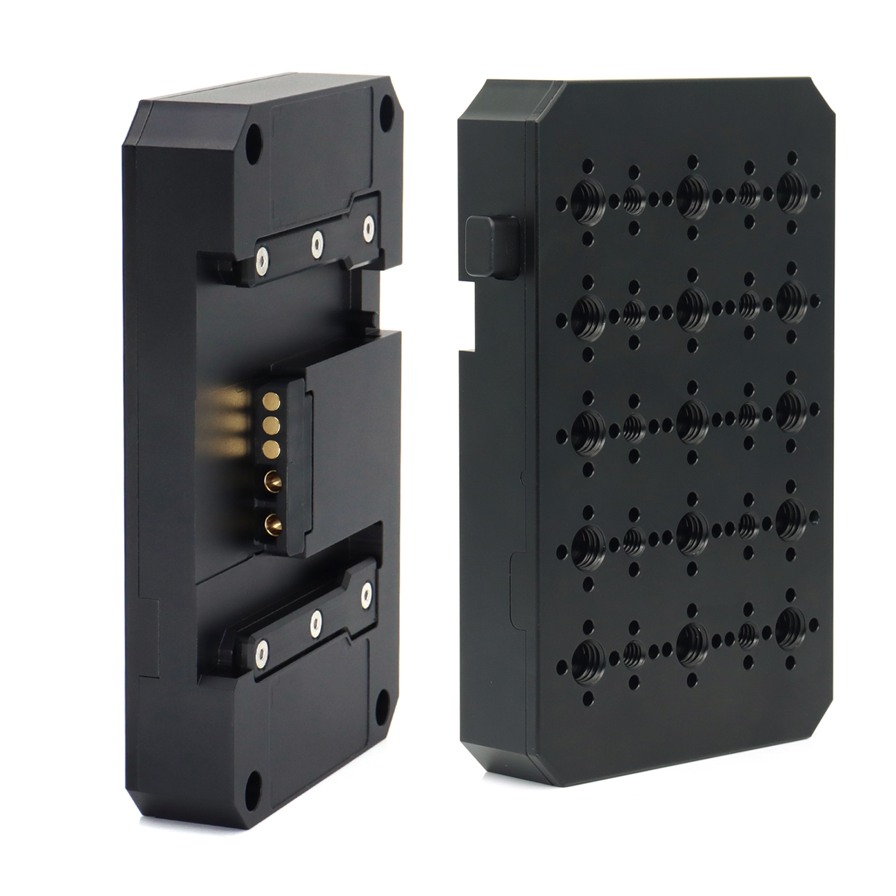 ARRI Alexa 35 B-Mount Battery Expansion Cheese Plate With 1/4"-20, 3/8"-16 Screw Holes and Anti-twist holes.