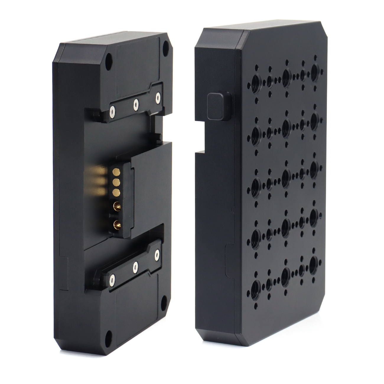 ARRI Alexa 35 B-Mount Battery Expansion Cheese Plate With 1/4"-20, 3/8"-16 Screw Holes and Anti-twist holes.