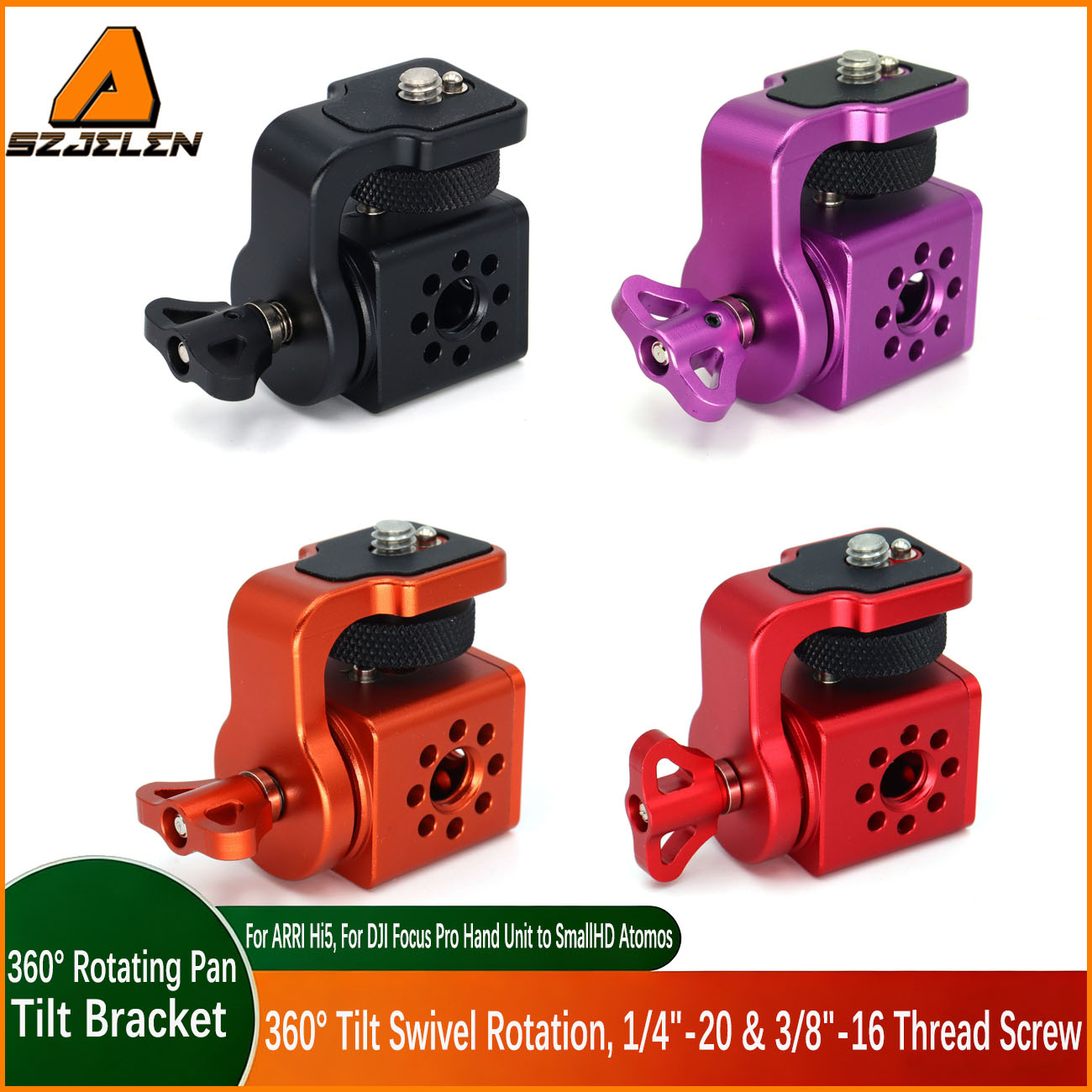 360 degree rotating pan tilt bracket, Camera 3/8 screws fixed 1/4 monitor bracket, adjustable back and forth, Locating Pins