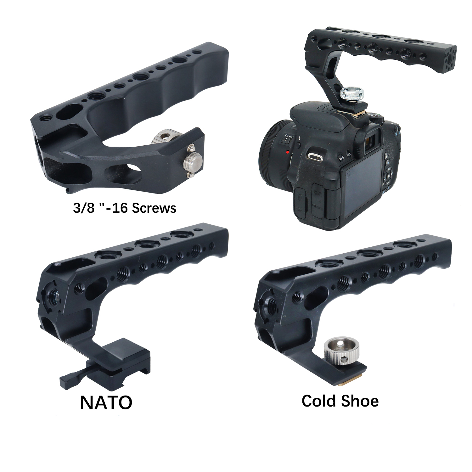 Camera Top Handle with 3/8" ARRI Locating Pins, with 1/4" 3/8" Threads and 3 Cold Shoes, Compatible with ARRI Handles