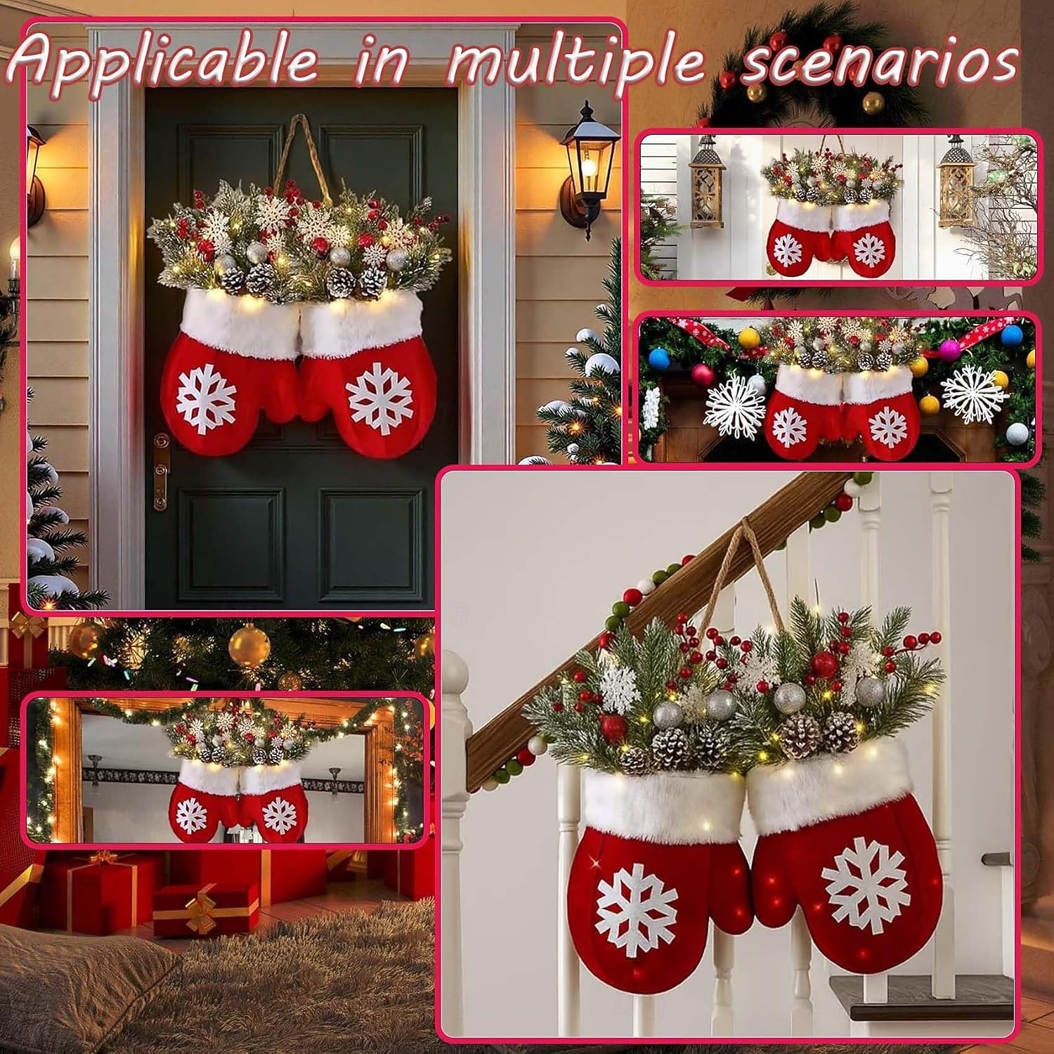Twinkling Christmas Mitten Wreath with 120 LED Lights Illuminated Holiday Wreaths with Artificial Pine Branches, Red Berries, and Frosted Pinecones Artificial Christmas Wreath for Front Door Decor 2025 - $30.99 &ndash;P11
