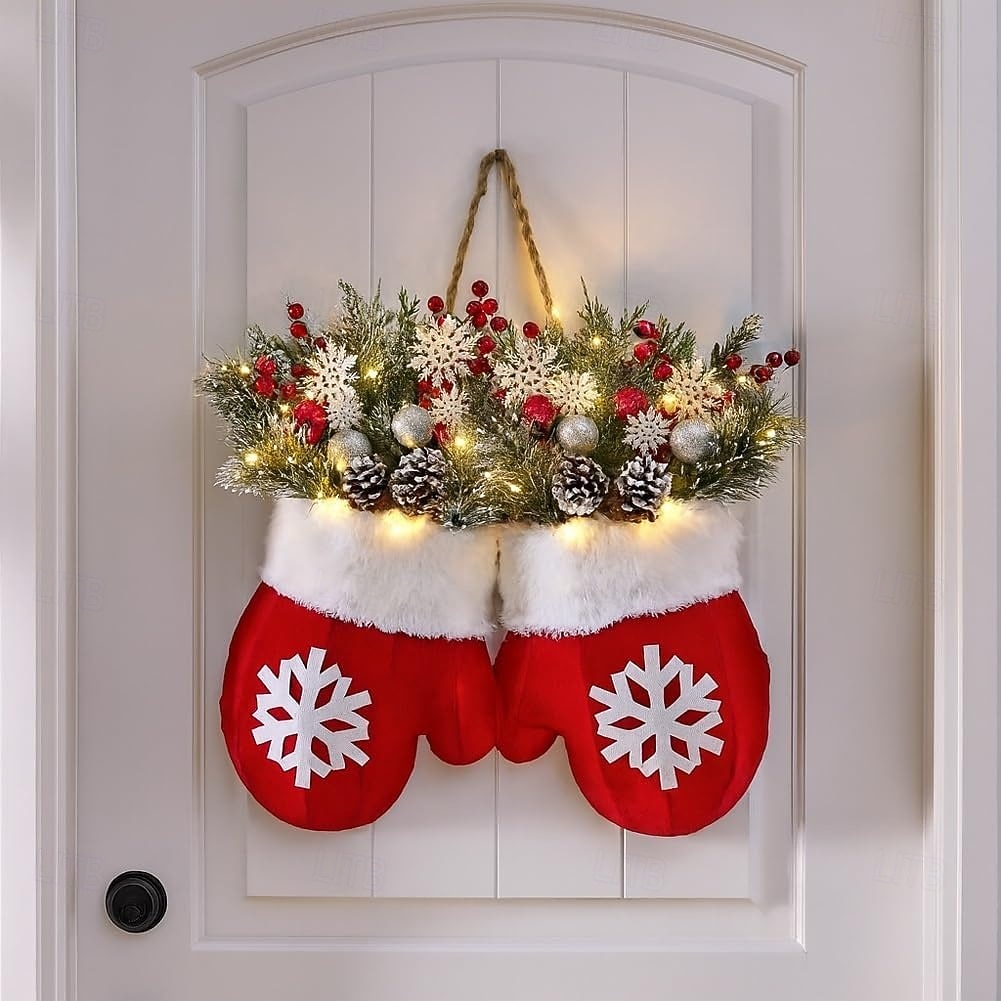 Twinkling Christmas Mitten Wreath with 120 LED Lights Illuminated Holiday Wreaths with Artificial Pine Branches, Red Berries, and Frosted Pinecones Artificial Christmas Wreath for Front Door Decor 2025 - $30.99 &ndash;P8