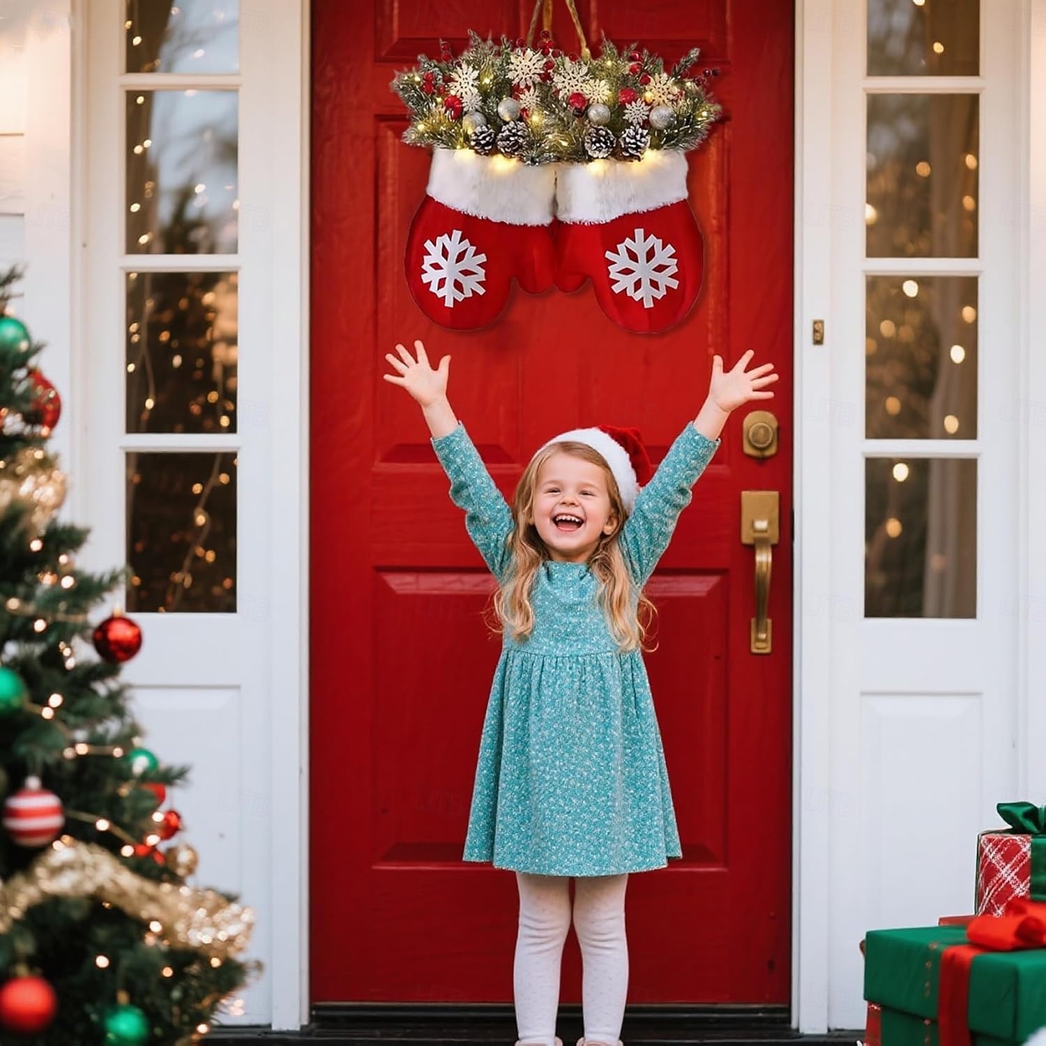 Twinkling Christmas Mitten Wreath with 120 LED Lights Illuminated Holiday Wreaths with Artificial Pine Branches, Red Berries, and Frosted Pinecones Artificial Christmas Wreath for Front Door Decor 2025 - $30.99 &ndash;P7