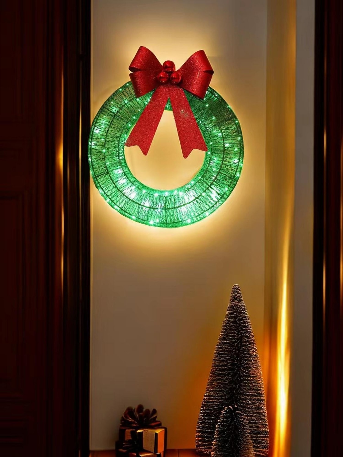 20inch Christmas Wreath with Light Iron Luminous Bow Garland LED Light-up Warm White Light Scene Decoration 30/40/50cm AA Battery Powered 2025 - $27.99 &ndash;P7