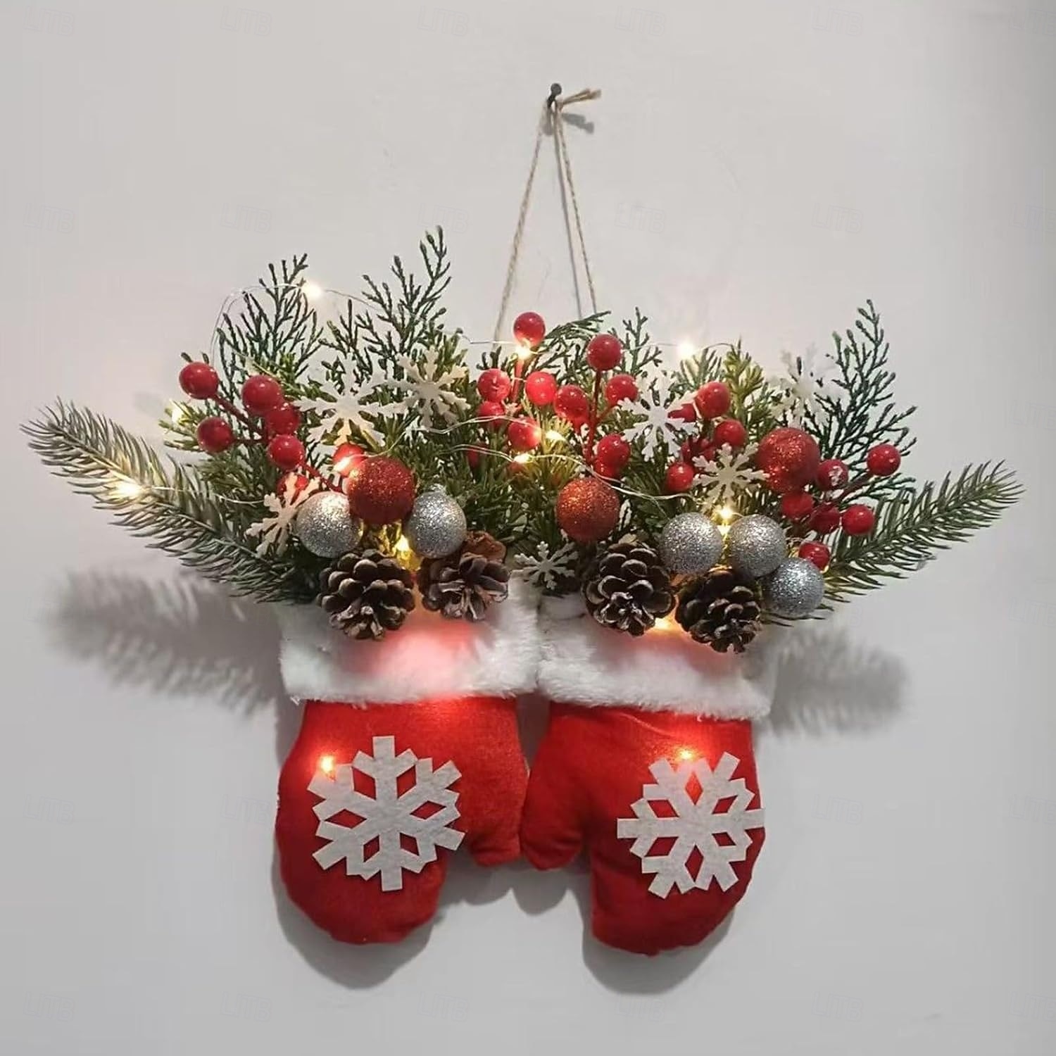 Twinkling Christmas Mitten Wreath with 120 LED Lights Illuminated Holiday Wreaths with Artificial Pine Branches, Red Berries, and Frosted Pinecones Artificial Christmas Wreath for Front Door Decor 2025 - $30.99 &ndash;P14