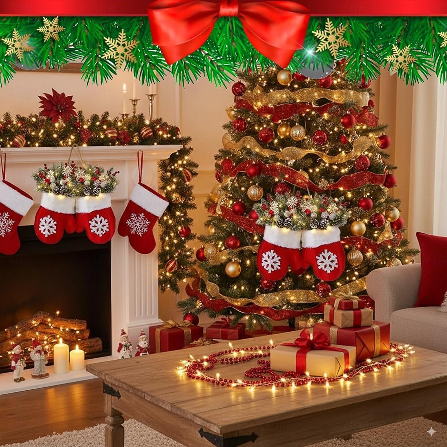 Twinkling Christmas Mitten Wreath with 120 LED Lights Illuminated Holiday Wreaths with Artificial Pine Branches, Red Berries, and Frosted Pinecones Artificial Christmas Wreath for Front Door Decor 2025 - $30.99 &ndash;P5