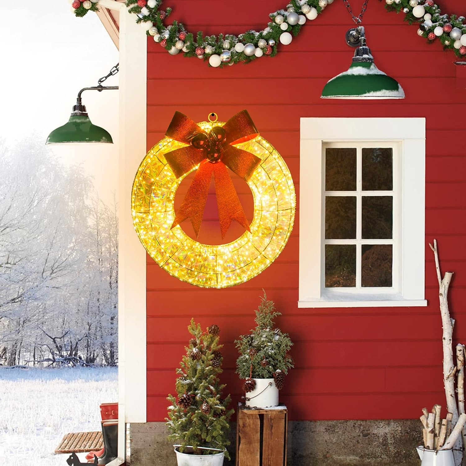 20inch Christmas Wreath with Light Iron Luminous Bow Garland LED Light-up Warm White Light Scene Decoration 30/40/50cm AA Battery Powered 2025 - $27.99 &ndash;P2