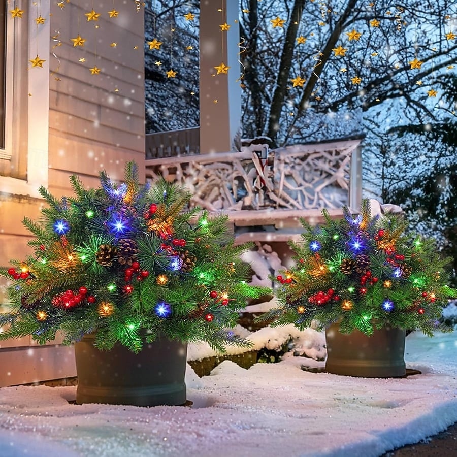 Pre-lit Artificial Christmas Tree Urn Filler, Outdoor Xmas Decoration Faux Plants Flocked with Mixed Ornaments and Pre-strung White LED Lights, Holiday Decor with Stand 2025 - $29.99 &ndash;P16