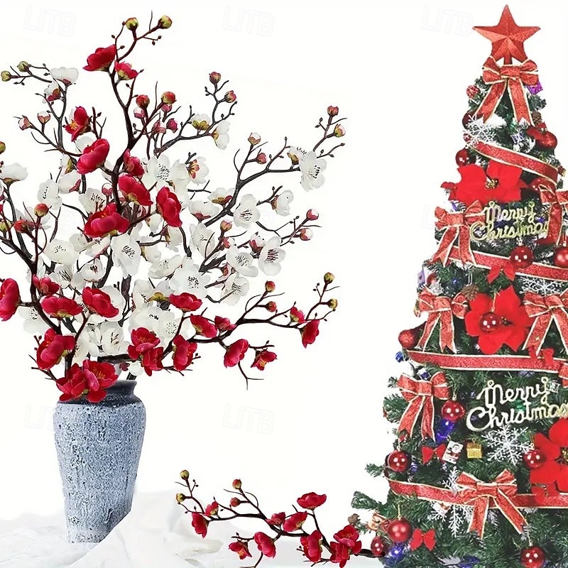 6pcs Christmas Artificial Plum Blossom Stems, Tall Fake Flower Branches for DIY Christmas New Year Decorations, Vase Centerpiece Display, Home Spring Winter Aesthetic Room Decor 2025 - $17.49 &ndash;P2
