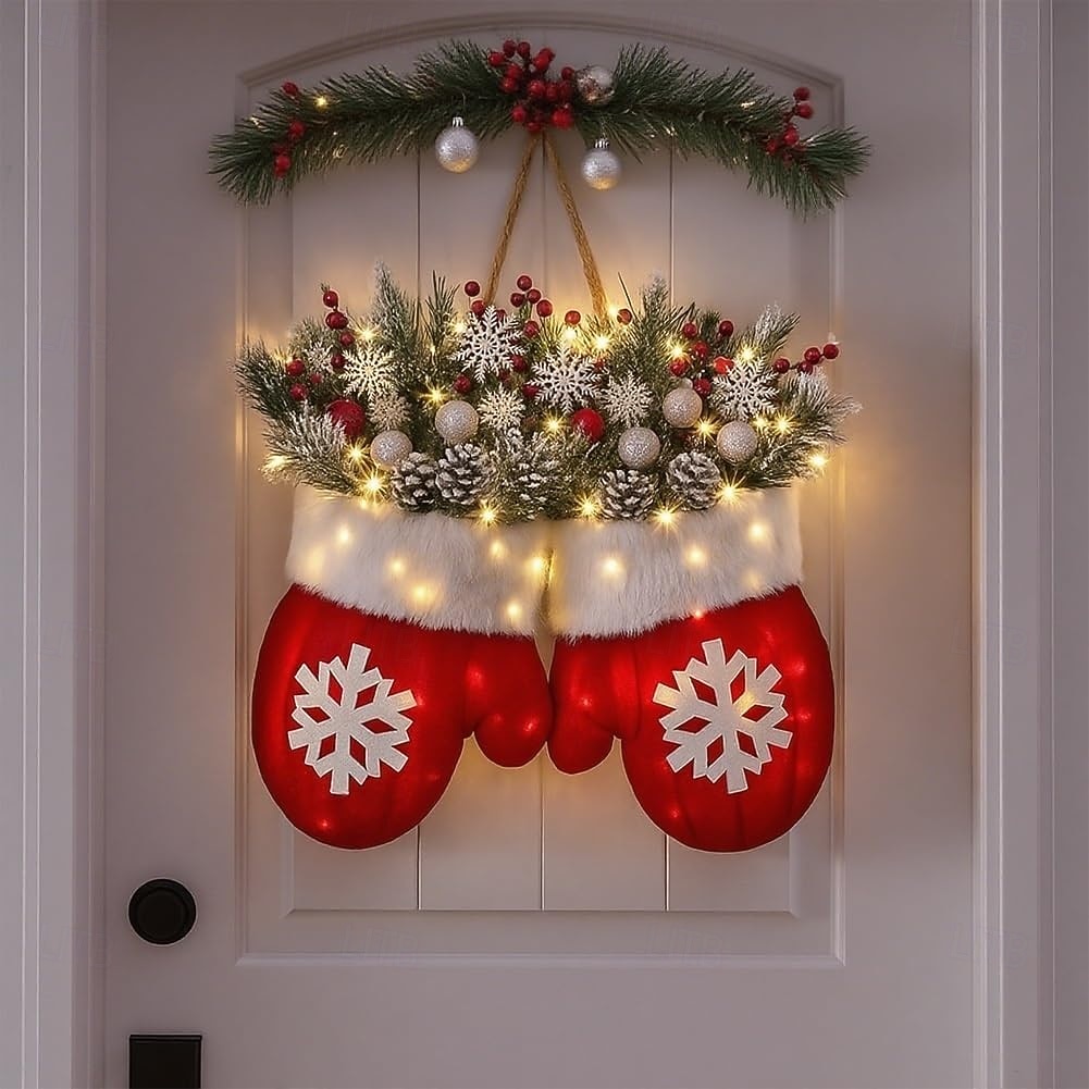Twinkling Christmas Mitten Wreath with 120 LED Lights Illuminated Holiday Wreaths with Artificial Pine Branches, Red Berries, and Frosted Pinecones Artificial Christmas Wreath for Front Door Decor 2025 - $30.99 &ndash;P1