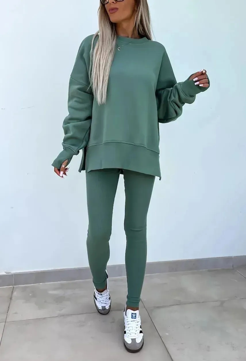 Women's Comfy Loose Slit Sweatshirt and Elastic Waist Tight Pants Set