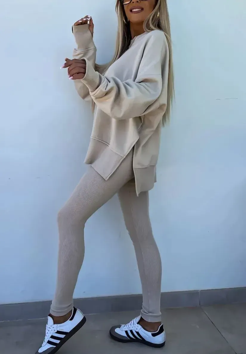 Women's Comfy Loose Slit Sweatshirt and Elastic Waist Tight Pants Set