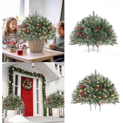  Pre-lit Artificial Christmas Tree Urn Filler, Outdoor Xmas Decoration Faux Plants Flocked with Mixed Ornaments and Pre-strung White LED Lights, Holiday Decor with Stand 