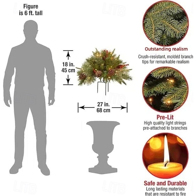  Pre-lit Artificial Christmas Tree Urn Filler, Outdoor Xmas Decoration Faux Plants Flocked with Mixed Ornaments and Pre-strung White LED Lights, Holiday Decor with Stand 