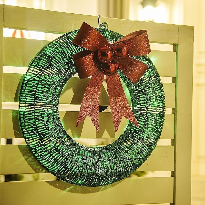  20inch Christmas Wreath with Light Iron Luminous Bow Garland LED Light-up Warm White Light Scene Decoration 30/40/50cm AA Battery Powered