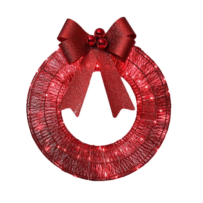 20inch Christmas Wreath with Light Iron Luminous Bow Garland LED Light-up Warm White Light Scene Decoration 30/40/50cm AA Battery Powered