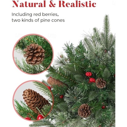  Pre-lit Artificial Christmas Tree Urn Filler, Outdoor Xmas Decoration Faux Plants Flocked with Mixed Ornaments and Pre-strung White LED Lights, Holiday Decor with Stand 