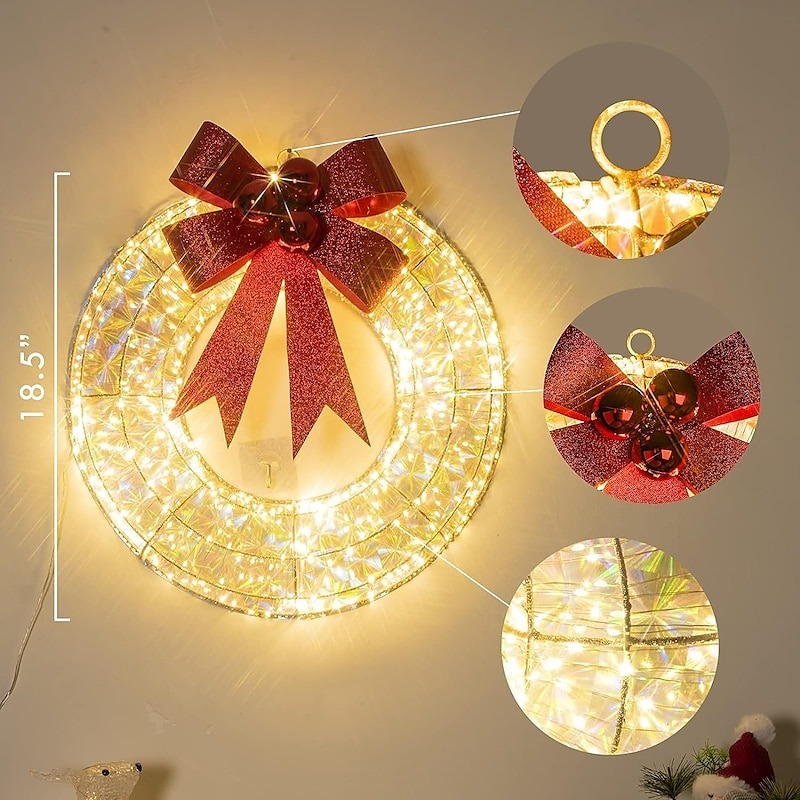  20inch Christmas Wreath with Light Iron Luminous Bow Garland LED Light-up Warm White Light Scene Decoration 30/40/50cm AA Battery Powered