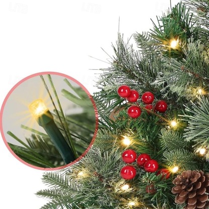  Pre-lit Artificial Christmas Tree Urn Filler, Outdoor Xmas Decoration Faux Plants Flocked with Mixed Ornaments and Pre-strung White LED Lights, Holiday Decor with Stand 