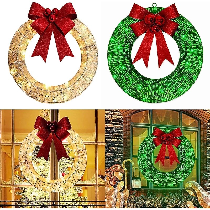  20inch Christmas Wreath with Light Iron Luminous Bow Garland LED Light-up Warm White Light Scene Decoration 30/40/50cm AA Battery Powered