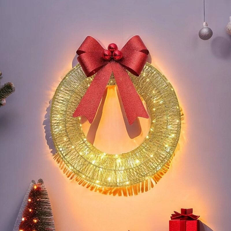  20inch Christmas Wreath with Light Iron Luminous Bow Garland LED Light-up Warm White Light Scene Decoration 30/40/50cm AA Battery Powered