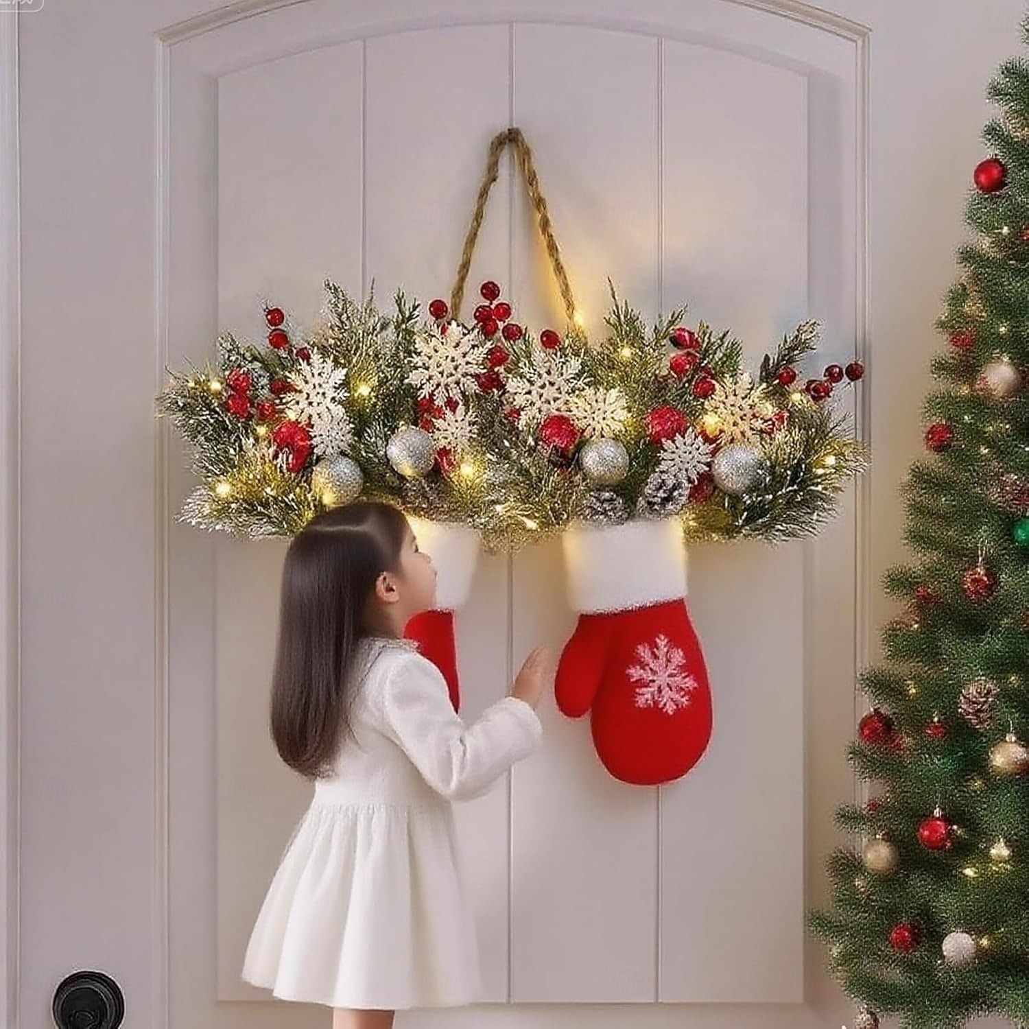  Twinkling Christmas Mitten Wreath with 120 LED Lights Illuminated Holiday Wreaths with Artificial Pine Branches, Red Berries, and Frosted Pinecones Artificial Christmas Wreath for Front Door Decor