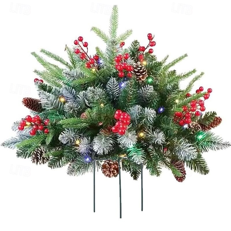  Pre-lit Artificial Christmas Tree Urn Filler, Outdoor Xmas Decoration Faux Plants Flocked with Mixed Ornaments and Pre-strung White LED Lights, Holiday Decor with Stand 
