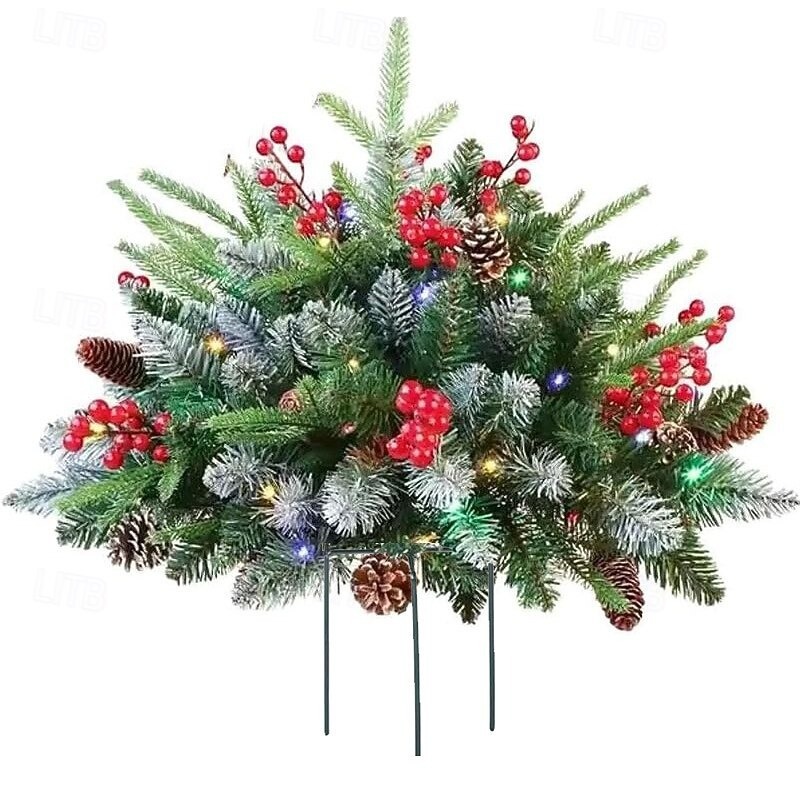  Pre-lit Artificial Christmas Tree Urn Filler, Outdoor Xmas Decoration Faux Plants Flocked with Mixed Ornaments and Pre-strung White LED Lights, Holiday Decor with Stand 