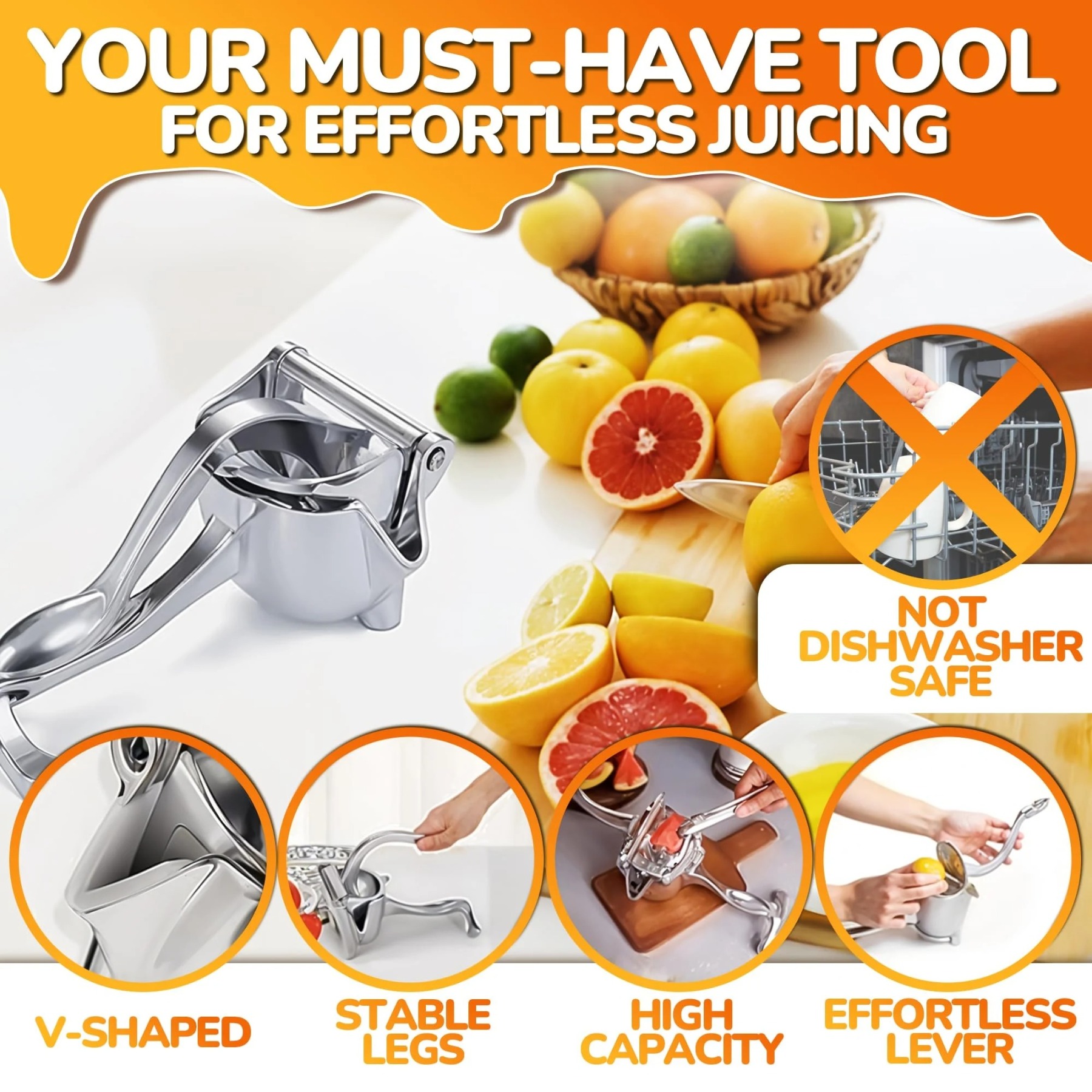 🍹Hand Juicer Squeezer - Aluminum Manual Press Juicer with Ergonomic Grip for Efficient Juice Extraction of Pomegranates Citrus & More, Durable Compact Easy to Use & Clean Manual Citrus Juicer.
