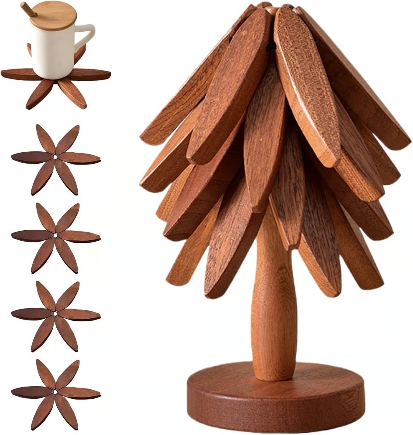 🎁✨Natural Tree Trivet Set - 4 bamoo Trivets & 1 Stand Like a Christmas Tree