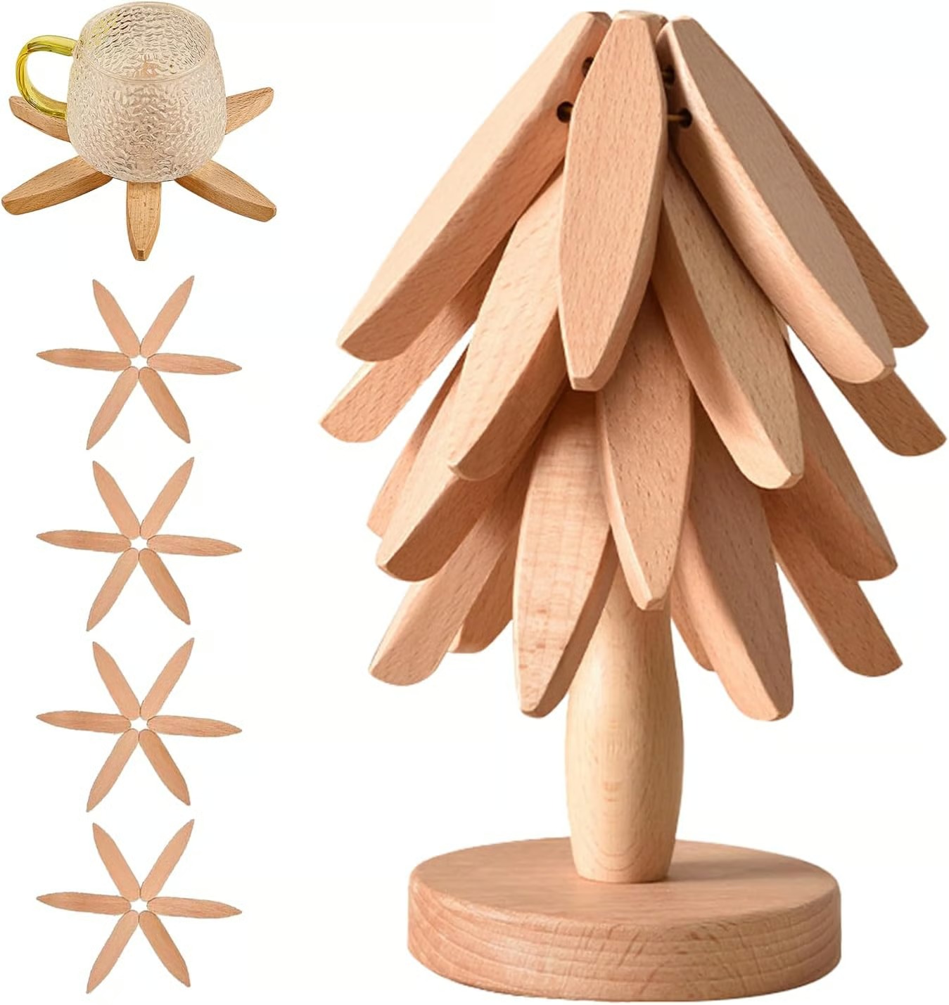 🎁✨Natural Tree Trivet Set - 4 bamoo Trivets & 1 Stand Like a Christmas Tree