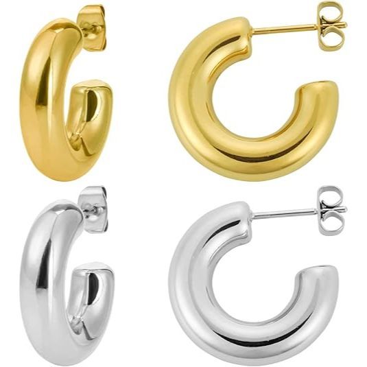 2 pairs of 14K gold and silver hoop earrings for women