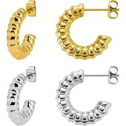 2 pairs of women's 14K gold-plated and silver-plated half-circle open earrings