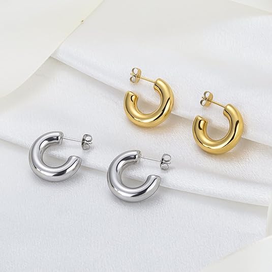 2 pairs of 14K gold and silver hoop earrings for women