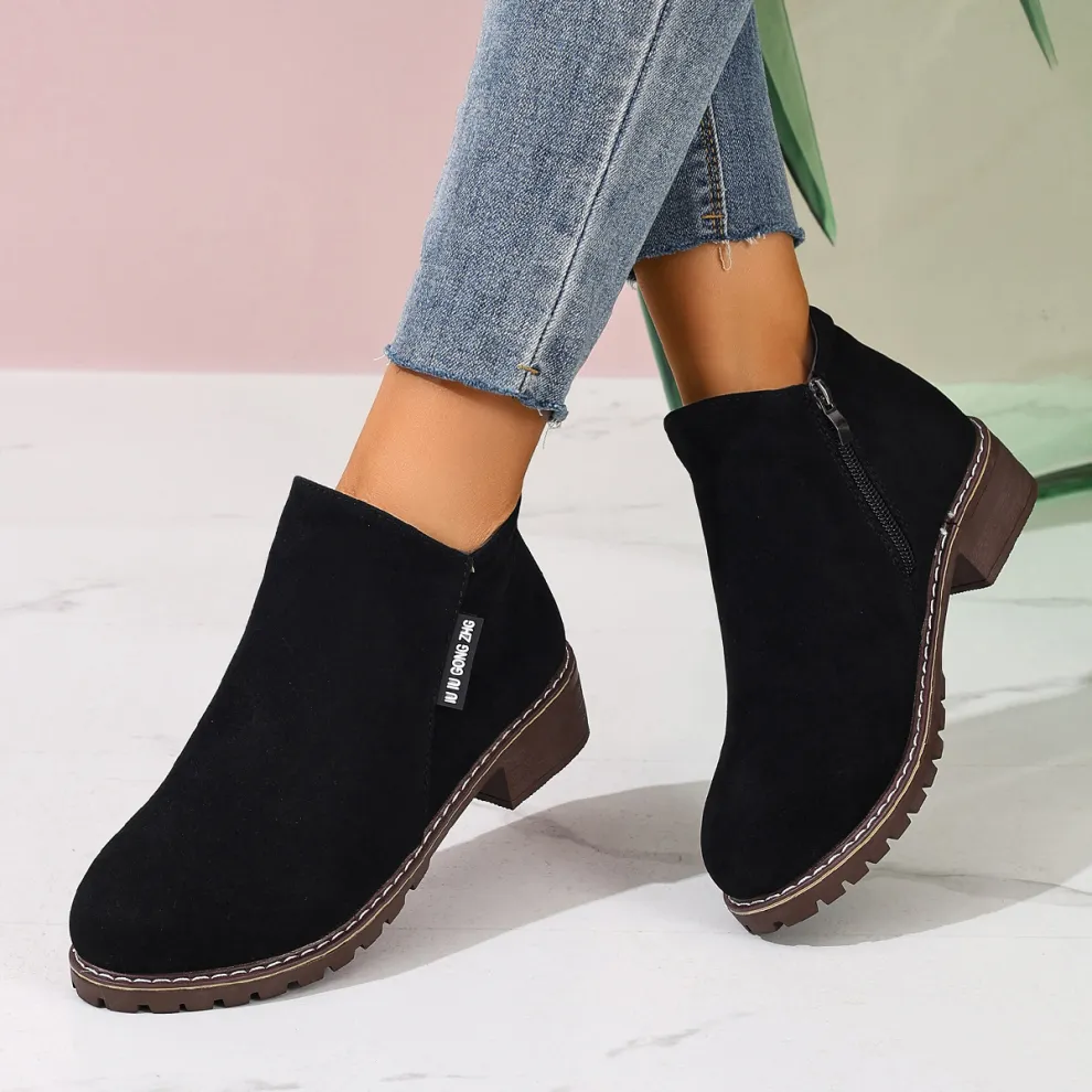 Women's chunky heel suede side zipper boots