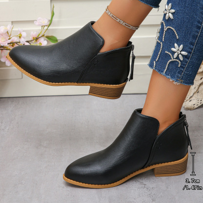 Women's casual thick heel solid color leather boots