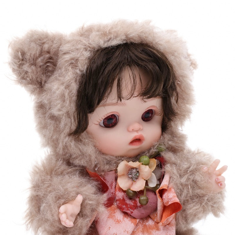 25cm/10Inch Mini Plush Baby Doll in Fuzzy Sheep Hoodie with Floral Bow Accent Name Coco