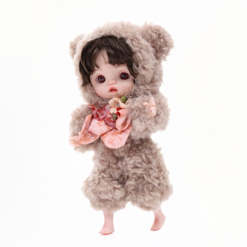 25cm/10Inch Mini Plush Baby Doll in Fuzzy Sheep Hoodie with Floral Bow Accent Name Coco