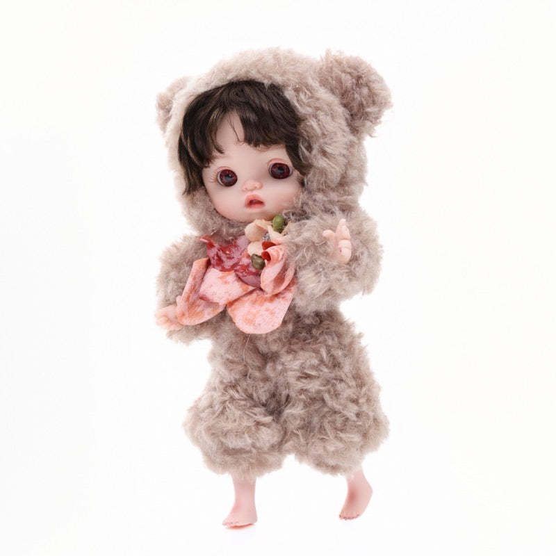 25cm/10Inch Mini Plush Baby Doll in Fuzzy Sheep Hoodie with Floral Bow Accent Name Coco