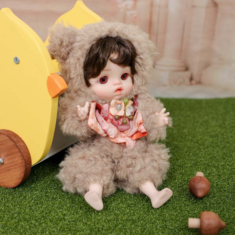 25cm/10Inch Mini Plush Baby Doll in Fuzzy Sheep Hoodie with Floral Bow Accent Name Coco