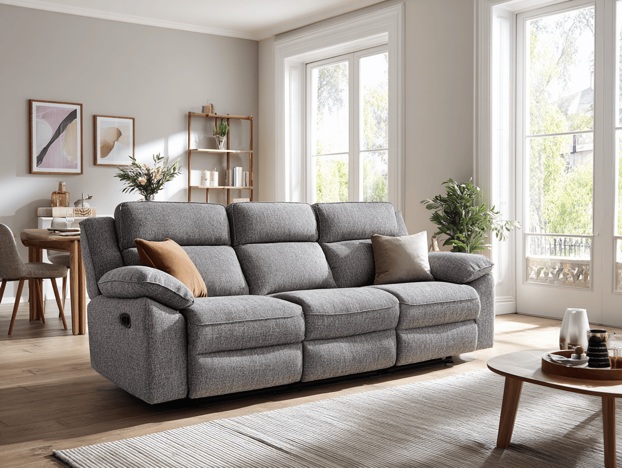 Driezitsbank in stof 215×100×102 cm – lichtgrijs – met relaxfunctie en twee sierkussens – modern design