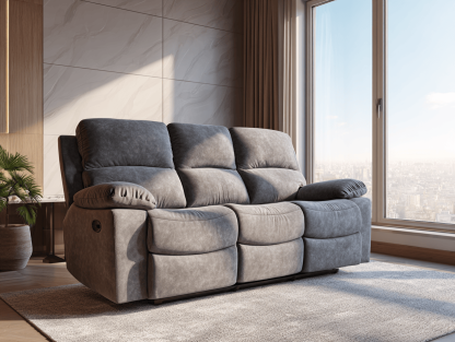 Driezitsbank in microvezel 210×100×102 cm – grijs – met relaxfunctie en gewatteerde armleuningen – modern design