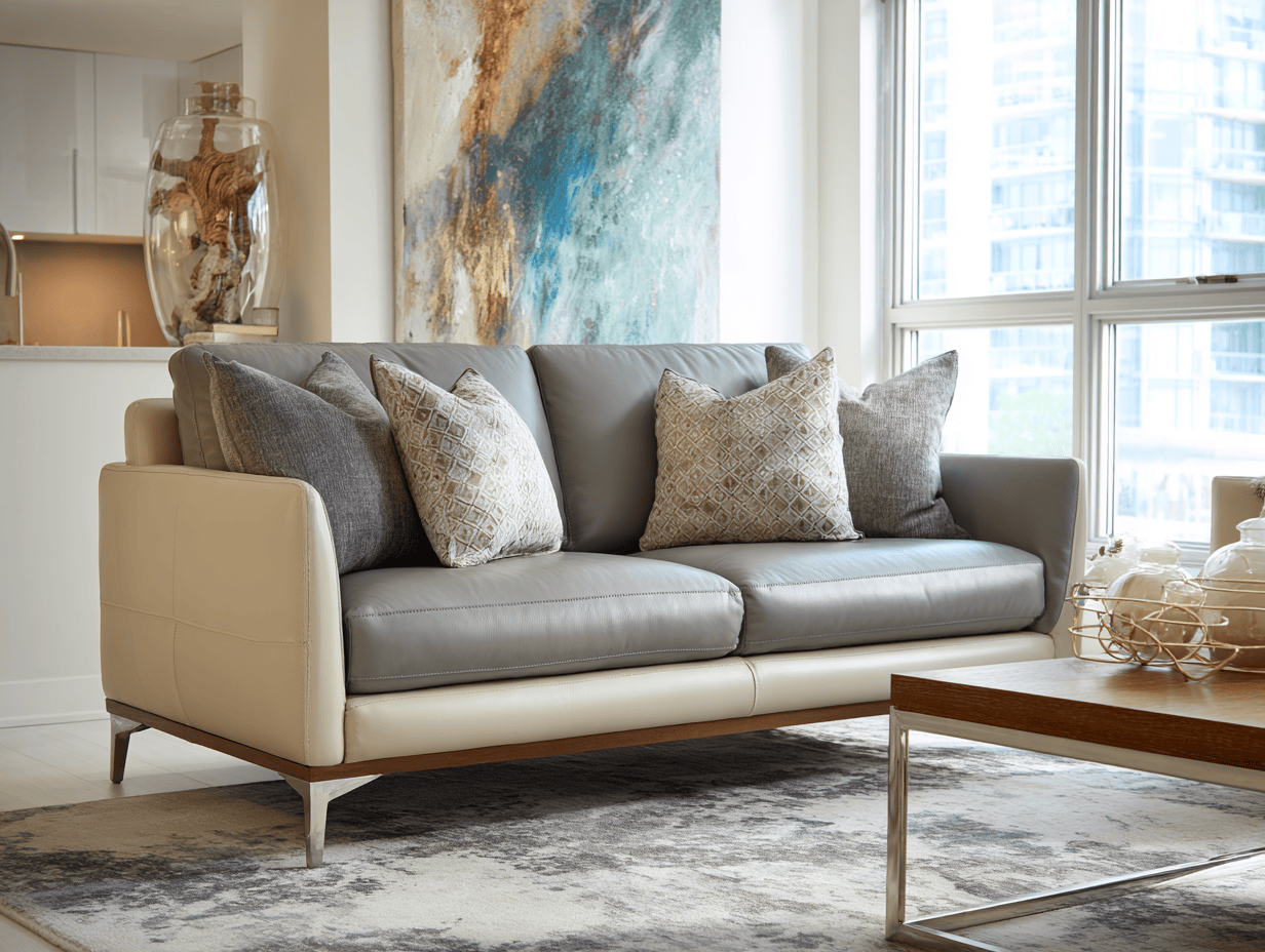 Tweepersoons leren bankstel 185×92×88 cm – lichtgrijs – moderne stijl met metalen poten en kussens